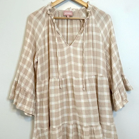 🎉SHOW ME YOUR MUMU Viola Plaid Mini Dress Cream Medium - Picture 4 of 14